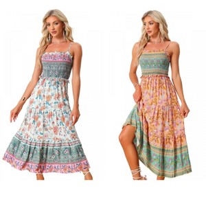 INSPIRE CHIC Women's Summer Spaghetti Strap A-Line Flowy Smocked Midi Boho Floral Sundresses 2 Packs - 1 of 4