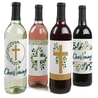 Big Dot of Happiness Christening Elegant Cross - Religious Party Decorations for Women and Men - Wine Bottle Label Stickers - Set of 4