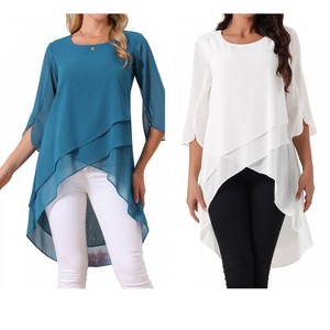 INSPIRE CHIC Women's High Low Hem Scoop Neck Asymmetrical 3/4 Sleeve Summer Top 2 Packs - 1 of 4