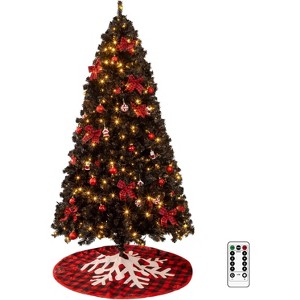 VINGLI 7.5ft Pre-lit Black Christmas Tree, 350 Lights, Snowflake Skirt, Red Ornaments, 1200 PVC Tips, Holiday Party Decor - 1 of 4