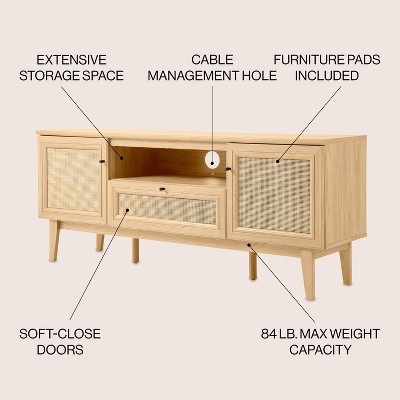 Finley 59" Oak TV Stand with Rattan Paneling and Storage