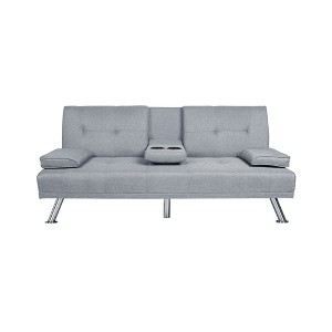 65.7”Futon Sleeper Sofa Bed,3 Angles for Adjusting,Manufactured Wood Frame, Tailored Linen Upholstery,Metal Chrome Legs,Light Gray - 1 of 4