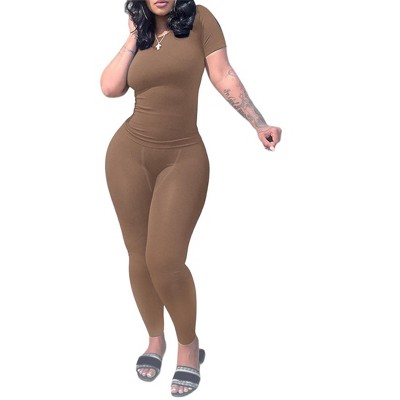DOMETOUR Casual Workout Yoga Sports Two Piece Outfits for Women Fitted Crew Neck T-shirt High Waist Pants