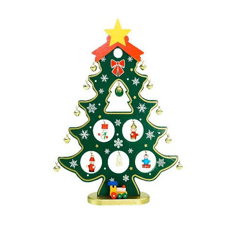 Cone Shape Cut Out Wooden Mini Christmas Tree Is Painted With Green  Patterns Tiny Christmas Ornaments Are Hanging On Small Table Size Christmas  Tree Winter Holiday Decoration New Year Attributes Stock Photo 