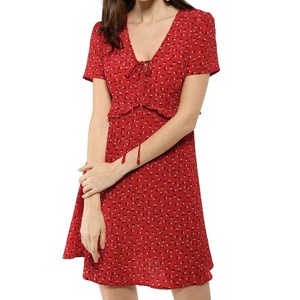 Allegra K Women's Regular Fit Floral Ruffle Trim Tie V Neck Shorts Sleeves Mini Dress - 1 of 4