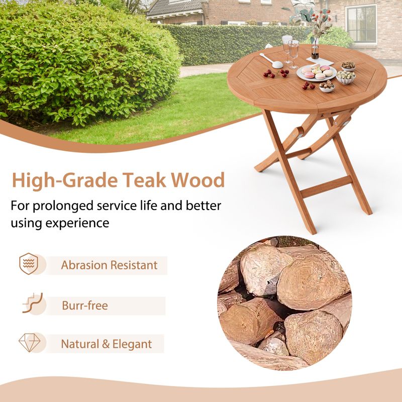 Costway 31.5'' Patio Round Folding Dining Table Solid Indonesia Teak Wood Natural Outdoor Portable, 5 of 11