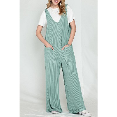 I AM A FASHION JUNKY Green Pockets Oversized Ribbed Wide Leg Jumpsuit