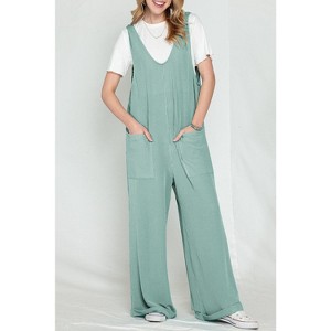 I AM A FASHION JUNKY Green Pockets Oversized Ribbed Wide Leg Jumpsuit - 1 of 4