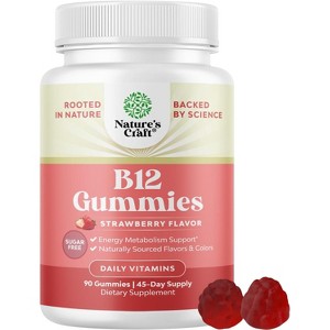 B12 Gummies, Sugar Free Vitamin B12 for Adults Energy, Focus, Immunity, & Nerve Support, Strawberry Flavor, Nature's Craft, 90ct - 1 of 4