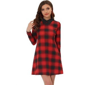 Allegra K Women's Contrast Collar Cat Face Printed Long Sleeve Swing Flare Mini Dress - 1 of 4