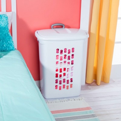 White Plastic Upright Laundry Hamper with Wheels and Lid