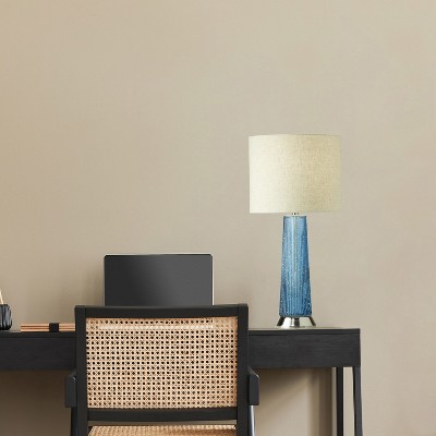 22" Blue Ribbed Glass and Beige Linen Shade Table Lamp