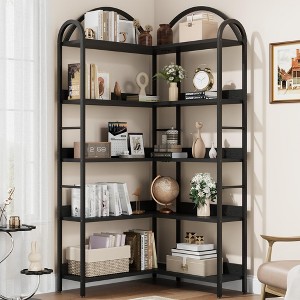 Arched Corner Bookshelf 68.5" Tall, Industrial Wood & Metal Bookcase for Home Office, 5-Tier Storage Shelf - 1 of 4
