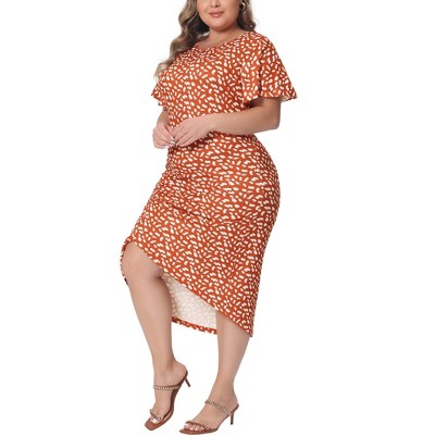 Agnes Orinda Women's Plus Size Polka Dots Ruched Round Neck Short Sleeve  Cocktail Bodycon Dresses Orange 4x : Target