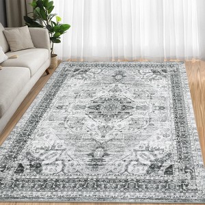 8x10 Large Washable Area Rug, Blue Non Slip Carpet, Stain Resistance Vintage Room Rug, Indoor Floor Carpet for Living Room, Low Profile Rug, Boho Rug - 1 of 4