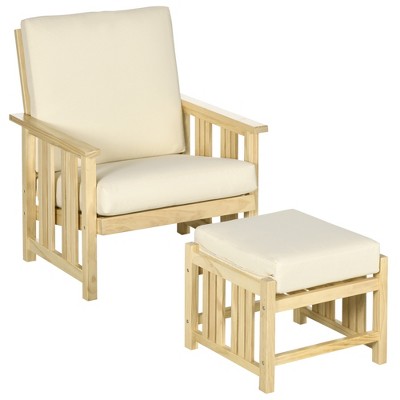 Outsunny Patio Furniture Set, Wood Outdoor Patio Chair with Ottoman, 2  Piece Cushioned Outdoor Lounge Chair, Sofa Chair with Footrest, Beige