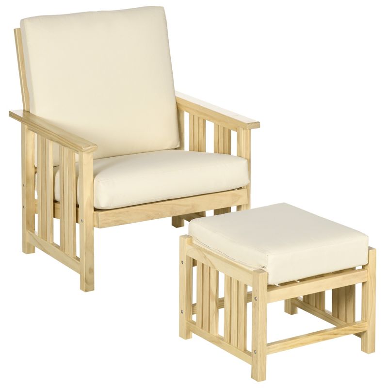 Outsunny Patio Furniture Set, Wood Outdoor Patio Chair with Ottoman, 2 Piece Cushioned Outdoor Lounge Chair, Sofa Chair with Footrest, Beige, 1 of 7