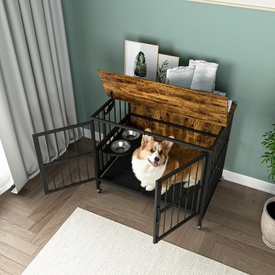 Dog House with Rremovable Ttray, Double-Door Dog House, lift Panel, 360 Degree Rotation -3 Height Adjustable Feeding Bowls