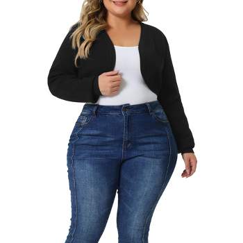 Agnes Orinda Women's Plus Size Long Sleeve Open Front Ribbed Soft Knit Crop Cardigan
