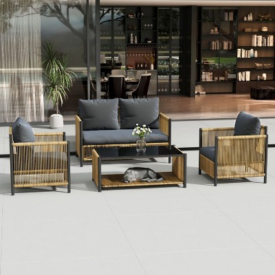 Suki Multi-piece PE Wicker Patio Conversation Set, Patio Seating Sets with Cushions, Outdoor Furniture- Maison Boucle