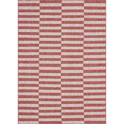 Rust Red and Ivory Striped 8' x 11'4" Synthetic Outdoor Rug