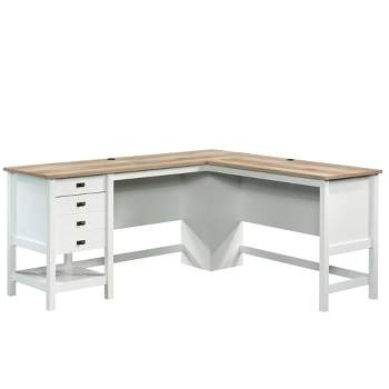 Cottage Road L-Shaped Desk with Oak Finished Top Soft White - Sauder: Farmhouse Style, File Storage, Grommet Holes