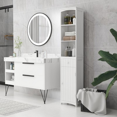 Slim White Free-Standing Bathroom Linen Tower with Storage Shelves and Drawer