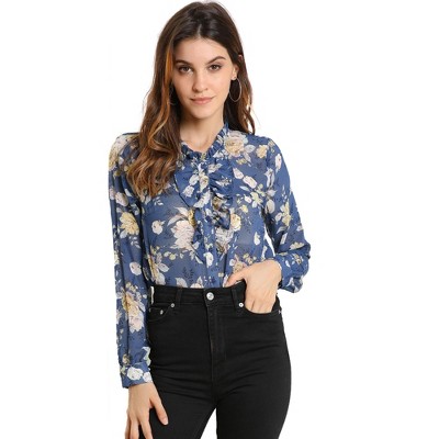 Allegra K Women's Floral Long Sleeve Retro Ruffled Button Down Top