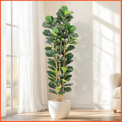 5 FT Faux Fiddle Leaf Fig Tree with White Tall Planter, Faux Trees with Artificial Plants 56 Fiddle Leaves Greenery