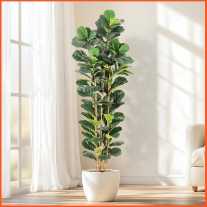 5 FT Faux Fiddle Leaf Fig Tree with White Tall Planter, Faux Trees with Artificial Plants 56 Fiddle Leaves Greenery - 1 of 4