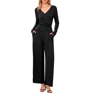 INSPIRE CHIC Women's Long Sleeve V Neck Drawstring Elastic Waist Wide Leg with Pockets Tracksuits - 1 of 4