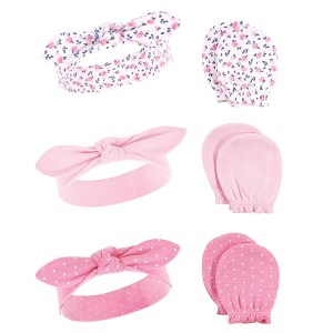 Hudson Baby Infant Girls Cotton Headband and Scratch Mitten 6pc Set, Blue Pink Floral, 0-6 Months - 1 of 2