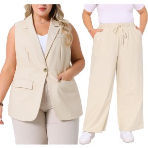 Agnes Orinda Women's Plus Size 2 Pieces Sets Linen Sleeveless Work Casual Suit Vests and Drawstring Elastic Waist Palazzo Pants - 1 of 4