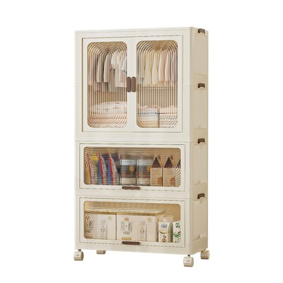 3 Tier Portable Wardrobe Closet, Collapsible Wardrobe Closet with Hanging Rod & 10 Hangers, Plastic Storage Box with Wheels for Bedroom Dormitory