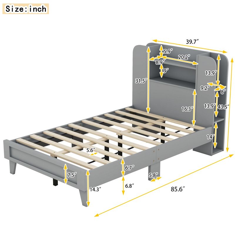 Twin/Full Size Platform Bed with Storage Headboard, Multiple Storage Shelves on Both Sides - ModernLuxe, 3 of 9