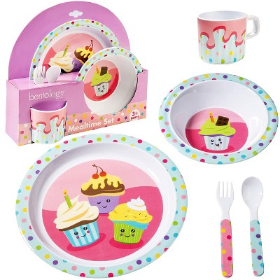 Bentology 5 Pc Mealtime Feeding Set for Kids and Toddlers - Includes Plate, Bowl, Cup, Fork and Spoon - Great Christmas Gift for New Parents & Kids