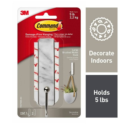 Command Large Sized Decorative Hook Brushed Nickel: Wall Hooks, Plastic, Painted Finish, 5 lb Capacity, Silver