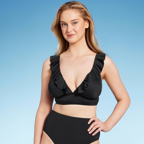 Women's Ruffle V-neck Longline Triangle Bikini Top - Shade & Shore™ Black D/dd  Cup : Target