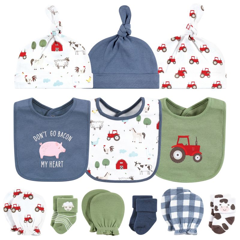 Hudson Baby Infant Boy Caps or Headbands, Bibs, Mittens and Socks 12pc Set, Farm, 0-6 Months, 1 of 6
