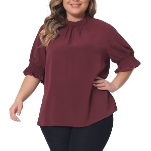 Agnes Orinda Women's Plus Size Work Office Pleated Mock Neck Flounce Sleeve Blouse - 1 of 4