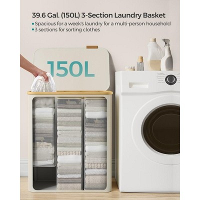 Cream White Collapsible 3-Section Laundry Hamper with Bamboo Lid
