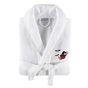 Linum Home Textiles Hotel Collection 100% Turkish Cotton Unisex Waffle Terry Embroidered Bathrobe with Satin Piped Trim - Pumpkin Head - 1 of 3