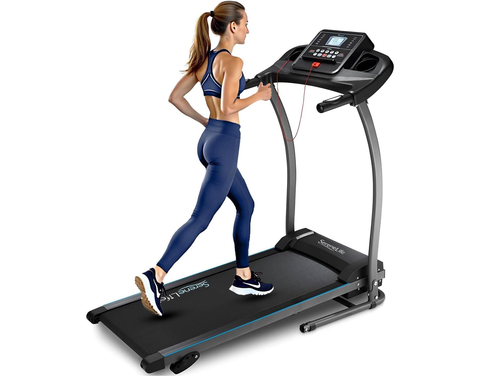 SereneLife Folding Electric Treadmill—Motorized Running Machine with 12 Pre-set Programs - Black