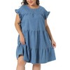 Women's Plus Size Crew Neck Ruffle Sleeve Babydoll Flowy Swing Pleated Summer Casual Midi Jean Denim Dresses with Pockets- Agnes Orinda - 2 of 4