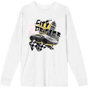 City Drifter Race Car With Flag And Clock Tower Adult Crew Neck Long Sleeve Tee - 1 of 2