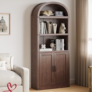 L-Shape Arched Bookcase with Doors Tall Bookshelf Farmhouse Bookcase Cabinet with Shelves Wooden Bookshelves - 1 of 4