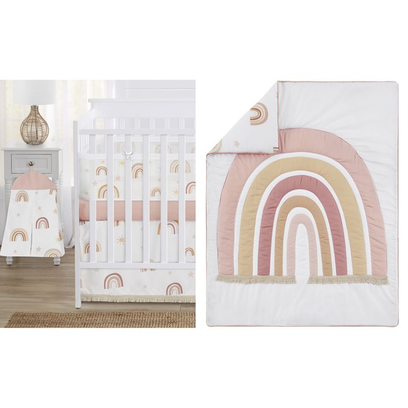 Sweet Jojo Designs Crib Bedding + BreathableBaby Breathable Mesh Liner Girl Boho Rainbow Pink Gold and Taupe - 6pcs, 1 of 8