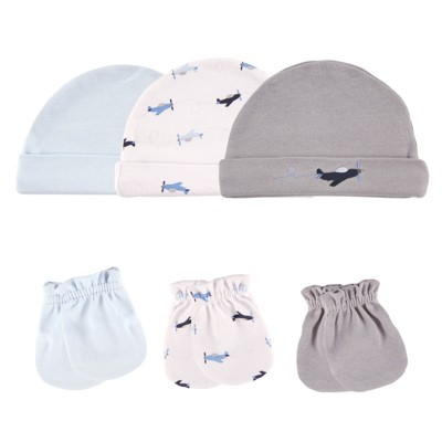 Image of Luvable Friends Baby Boy Cotton Caps and Scratch Mittens 6pk, Airplane, 0-6 Months