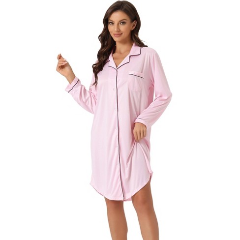 cheibear Womens Satin Button Down Nightgown Long Sleeve Silky Boyfriend  Nightshirt 