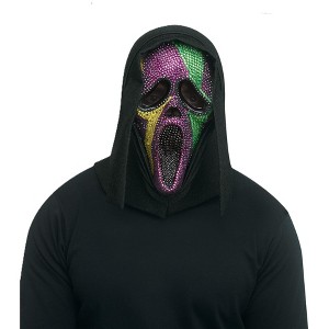 Fun World Ghost Face Mardi Gras Bling Full Mask- Officially Licensed- One Size Fits Most- Purple, Green and Gold Bling with Black Shimmer Shroud - 1 of 4